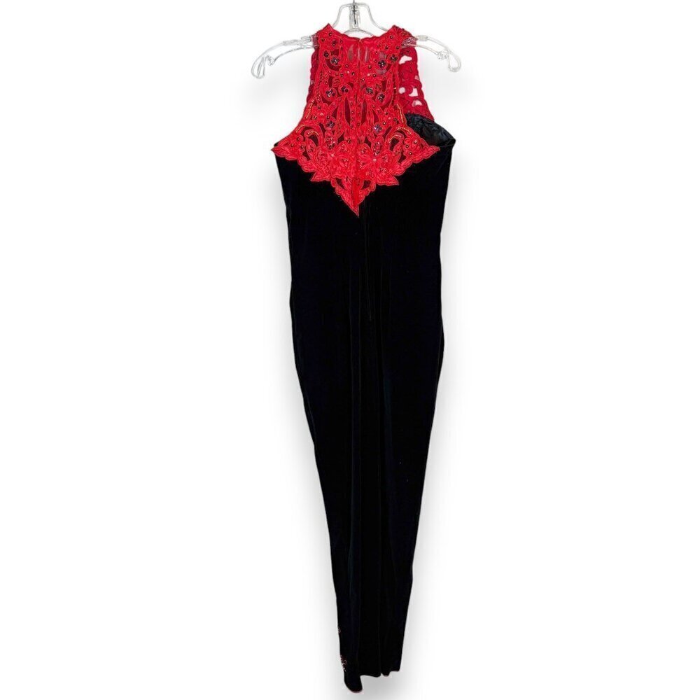 Vintage Cheongsam Qipao Dress Gown Black Velvet Red Long Maxi Hand Sewn Lace XS - Picture 4 of 12